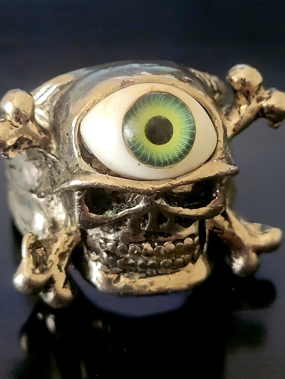 Large Biker Ring, Gothic SKULL & BONES, 3RD EYE, GREEN EYEBALL